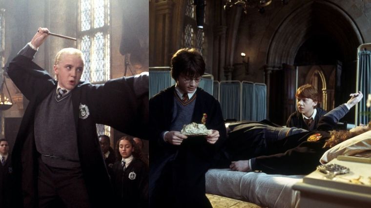 Drago Malefoy et le trio (Harry, Ron et Hermione pétrifiée) dans Harry Potter et la Chambre des secrets