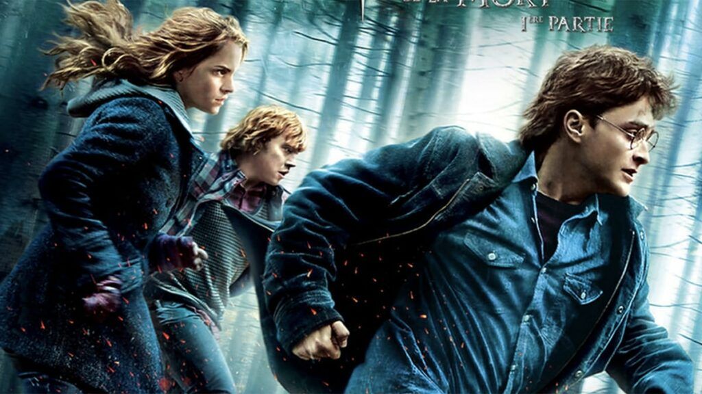 poster du film Harry Potter et les reliques de la mort partie 1 avec ron, Harry et Hermione