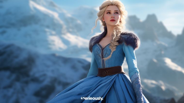 Elsa de La reine des Neiges si elle vivait dans notre monde imaginée par l'intelligence artificielle Midjourney
