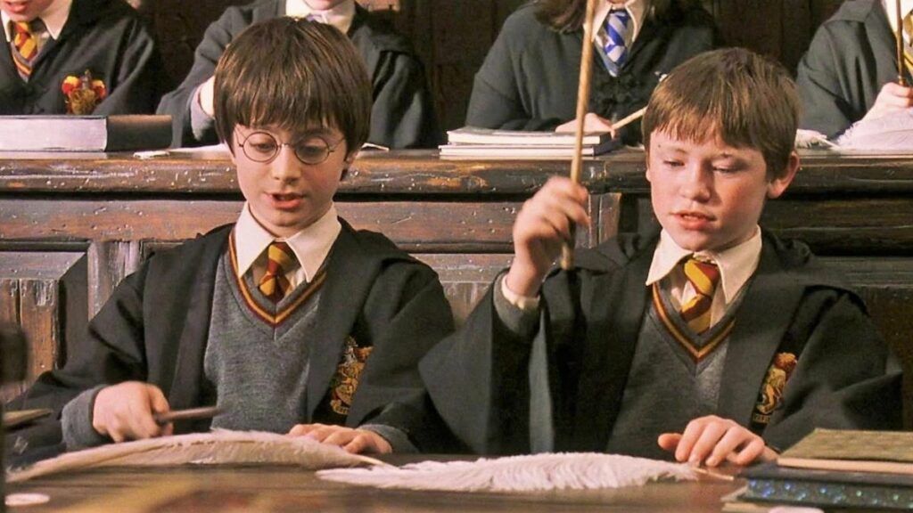 Harry et Seamus dans Harry Potter à l'école des sorciers.