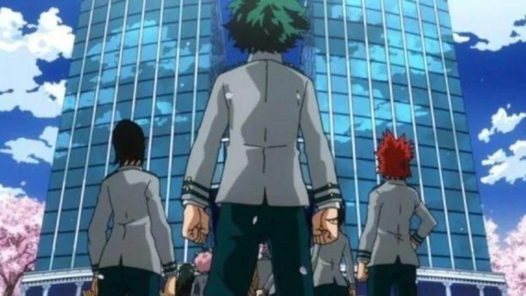 Izuku et d'autres élèves devant le lycée Yuei dans My Hero Academia