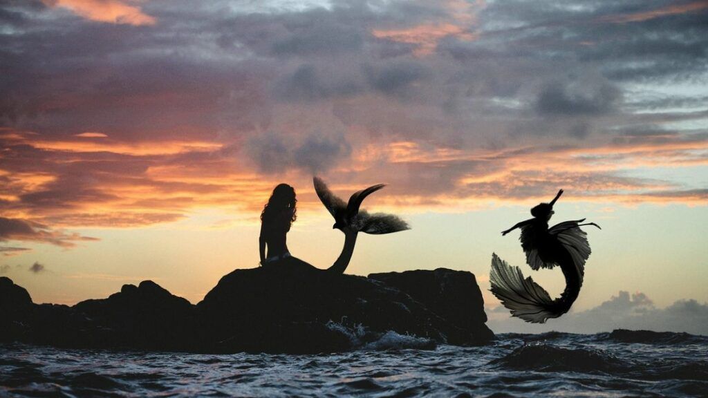 Une sirène sur un rocher regarde le coucher du soleil
