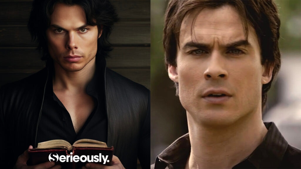 Damon Salvatore selon sa description dans les livres The Vampire Diaries and dans la série joué par Ian Somerhalder