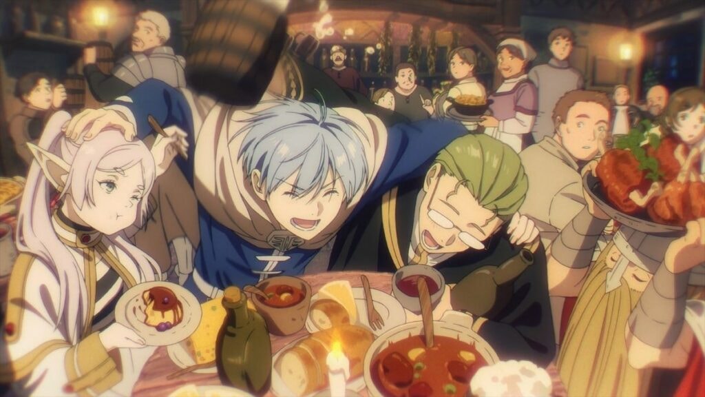Le groupe du héros en train de festoyer dans l'anime Frieren