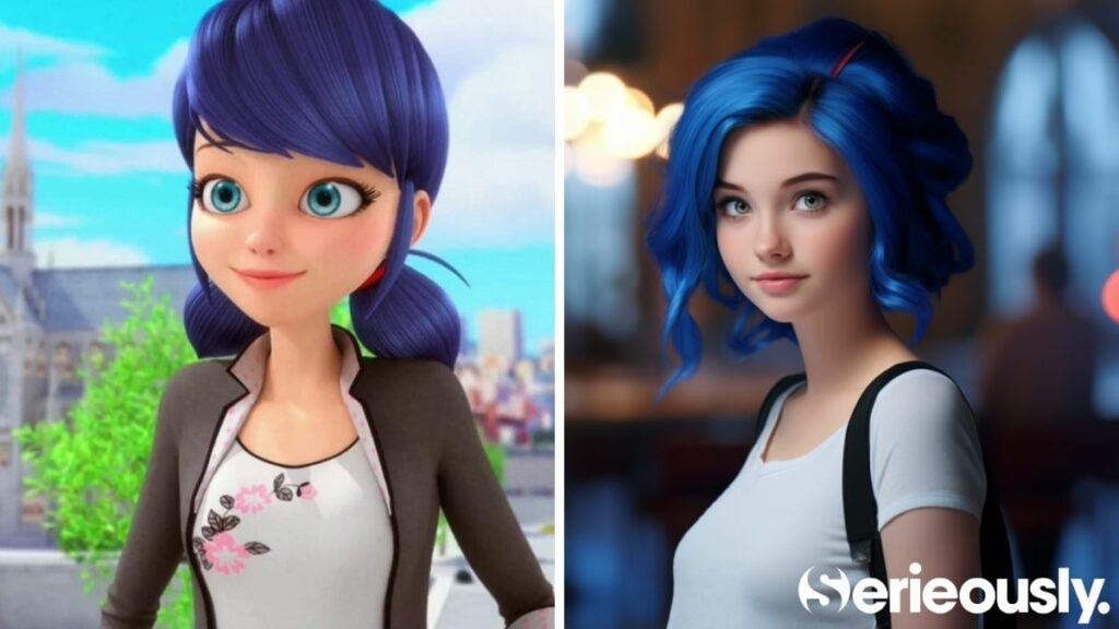 Marinette dans Miraculous et dans la vraie vie grâce à l'IA Midjourney, générée par Serieously