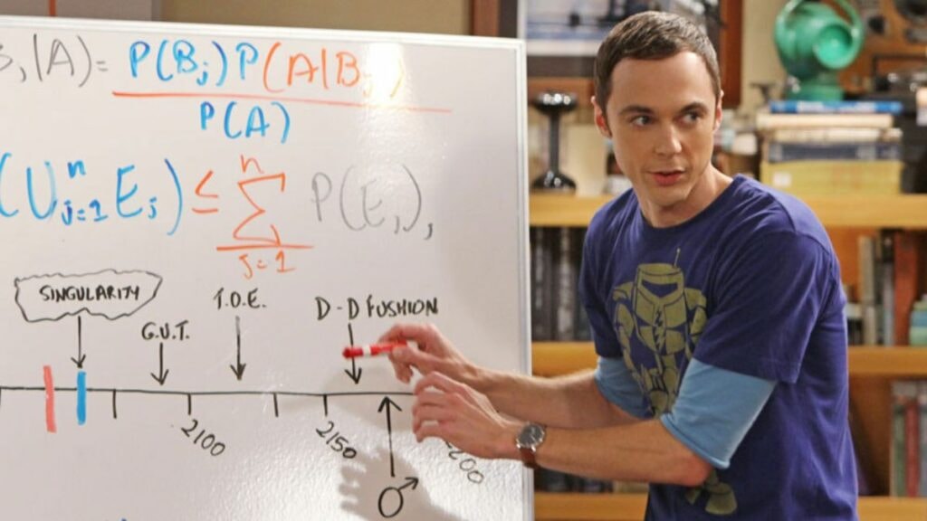 Sheldon Cooper Jim Parsons qui fait des calculs/ maths dans The Big Bang Theory