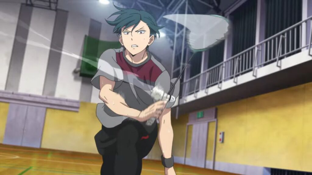 Mikoto jouant un match de badminton dans l'anime Salaryman's club