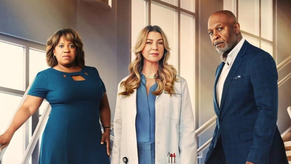 Chandra Wilson, Ellen Pompeo et James Pickens Jr. sur le poster de la saison 19 de la série Grey's Anatomy.