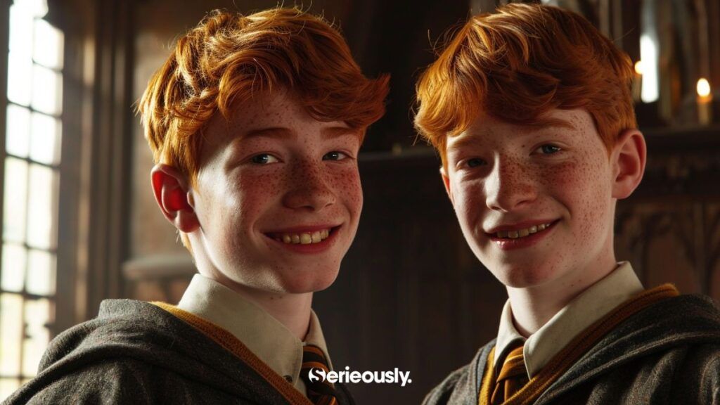Fred et George Weasley imaginés par une IA selon la description faite par J.K. Rowling dans les livres Harry Potter