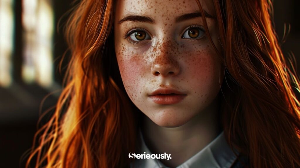 Ginny Weasley imaginée par une IA selon la description faite par J.K. Rowling dans les livres Harry Potter