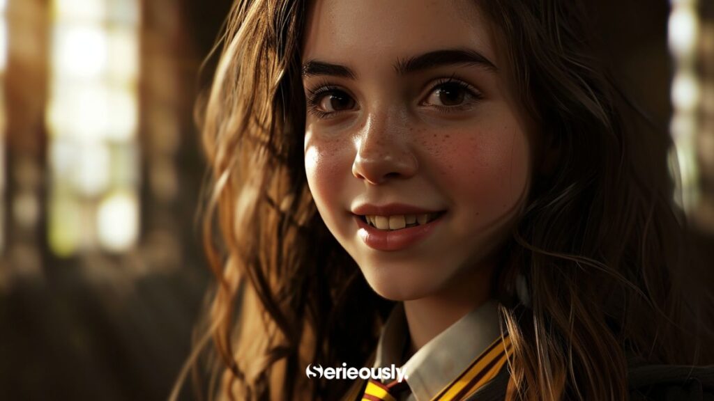 Hermione Granger imaginée par une IA selon la description faite par J.K. Rowling dans les livres Harry Potter