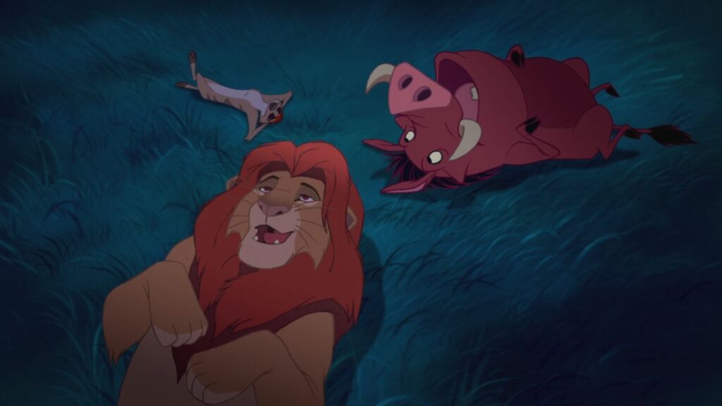 Simba, Pumba et Timon regardent les étoiles dans Le Roi lion