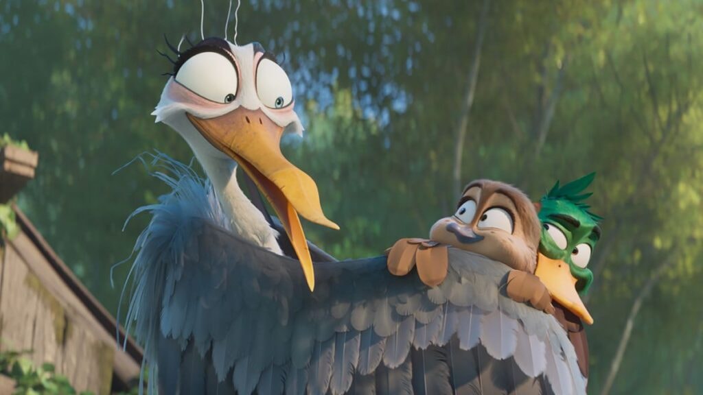 Le héron, Gwen et Dax dans le film d'animation Migration