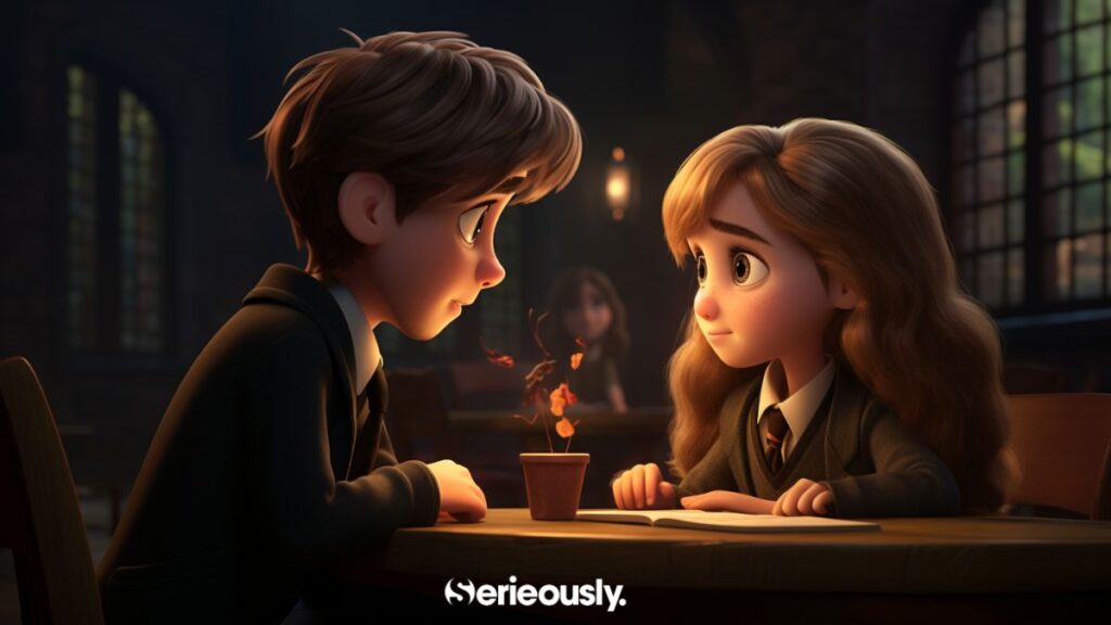 neville et hermione en cours à poudlard dans harry potter façon pixar