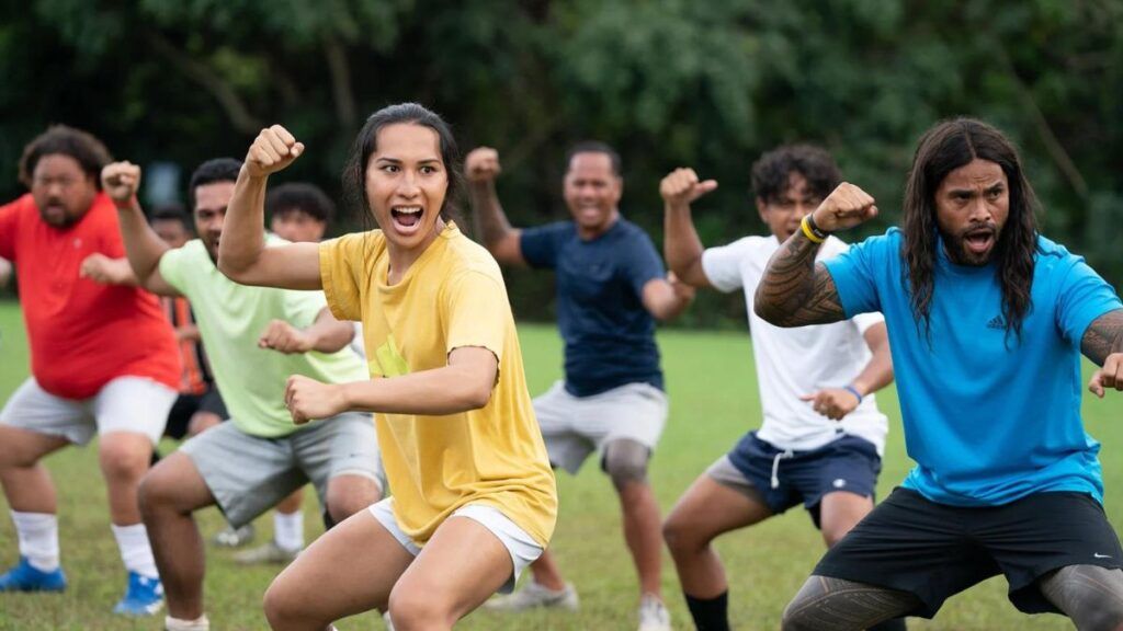 Les joueurs samoans réalisent leur danse guerrière traditionnelle dans le film Une équipe de rêve