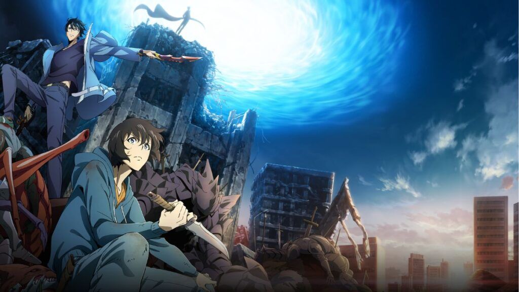 Affiche promotionnel de l'anime Solo Leveling avec Sung Jin Woo dans une ville en ruine