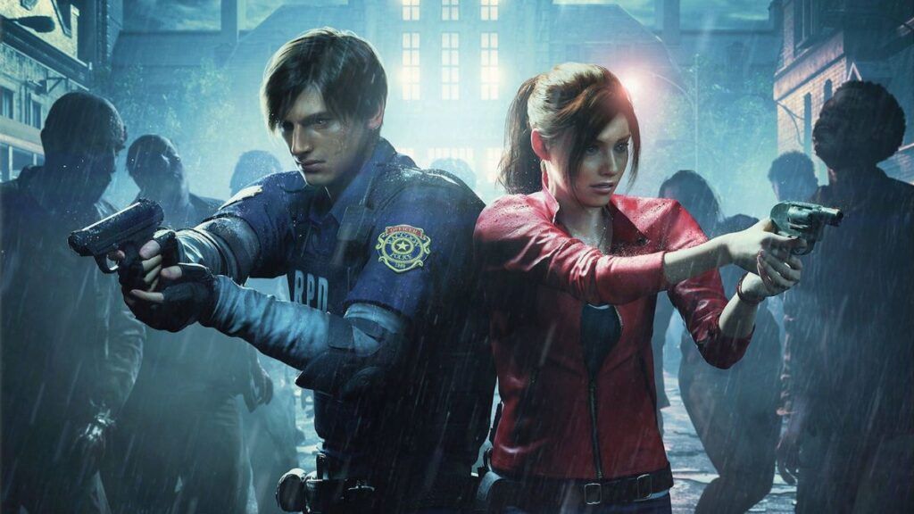 Leon Kennedy et Claire Redfield entourés de zombies dans le jeux vidéo Resident Evil 2 Remake