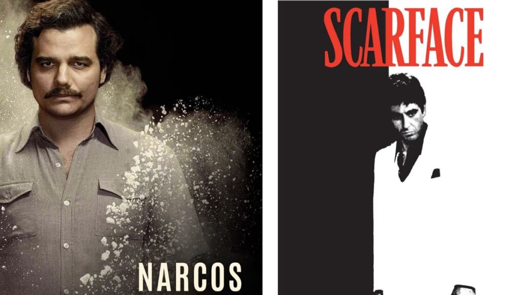 les posters de la série narcos et du film scarface