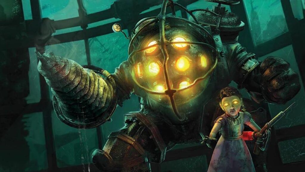 Un protecteur défendant une Petite soeur dans les jeux vidéo BioShock