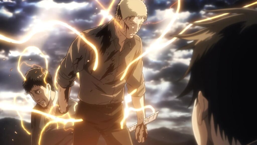 Reiner se transformant en Titan après avoir appris la vérité à Eren dans L'Attaque des Titans