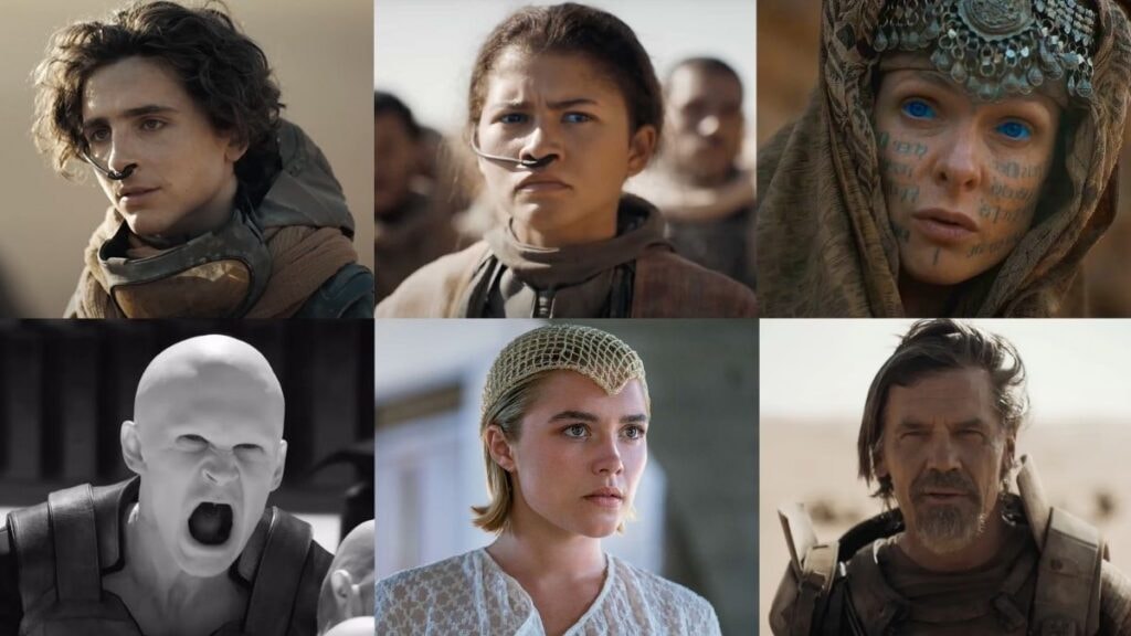 Timothée Chalamet, Zendaya, Rebecca Ferguson, Austin Butler, Florence Pugh et Josh Brolin dans Dune 2