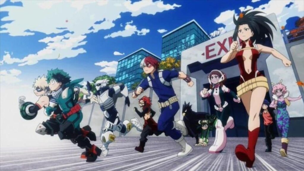 Les élèves de Seconde A sortant en courant de Yuei pour partir en intervention dans l'anime My Hero Academia