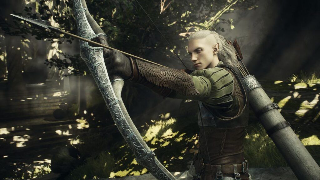 Un elfe en train de viser avec son arc dans une forêt dans le jeu vidéo Dragon's Dogma 2