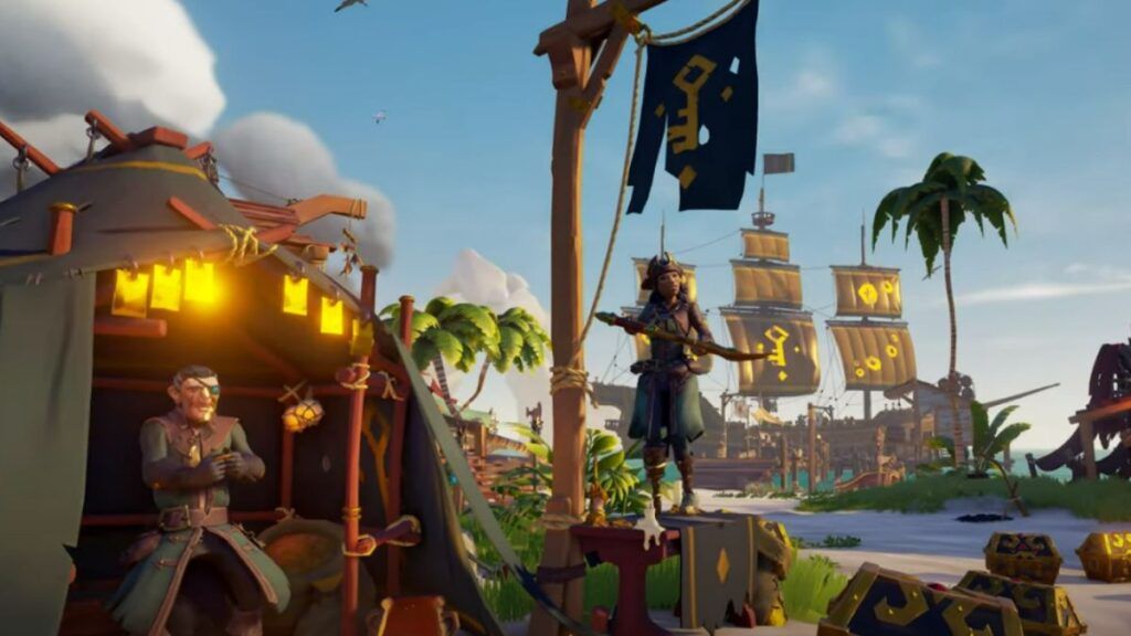 Un équipage pirate faisant la fête dans son campement dans le jeu vidéo Sea of Thieves