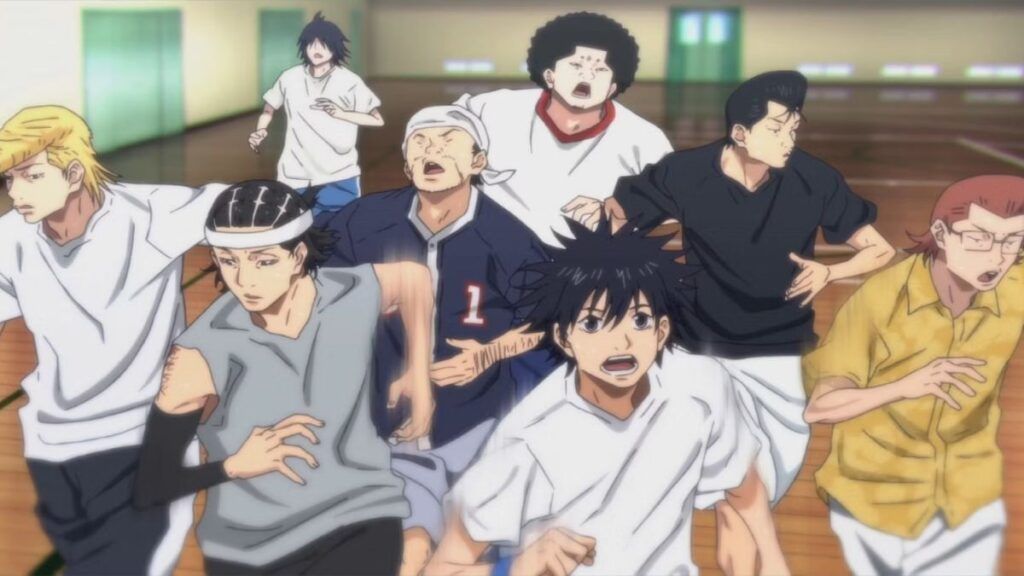 L'équipe de basket du lycée Kuzuryu en train de courir pour s'échauffer dans l'anime Ahiru no Sora