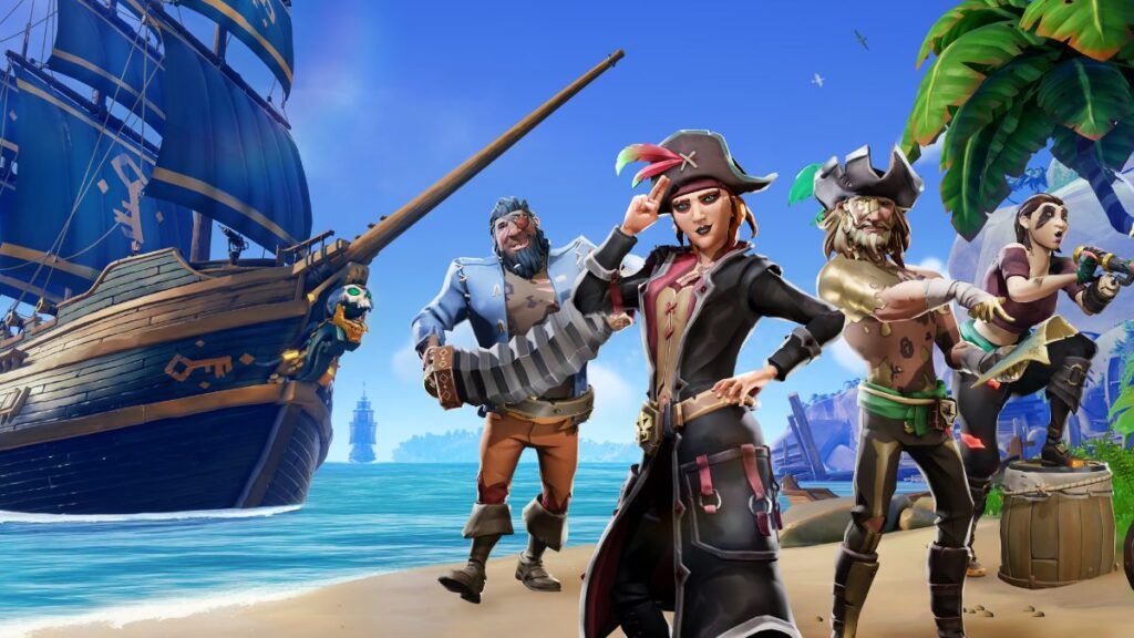 Des pirates accostant sur une île afin de trouver un trésor enfouie dans le jeu vidéo Sea of Thieves