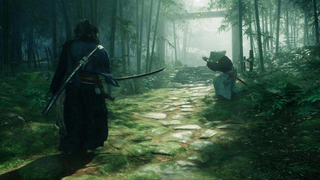 Le protagoniste approchant un samouraï avec son sabre dégainé dans une forêt de bamboo dans le jeu vidéo Rise of the Ronin