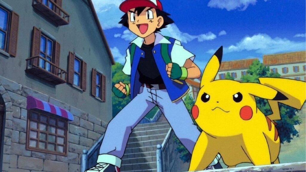 Le dresseur Sacha, accompagné de son Pikachu, se préparant à livrer un combat en pleine ville dans l'anime Pokemon