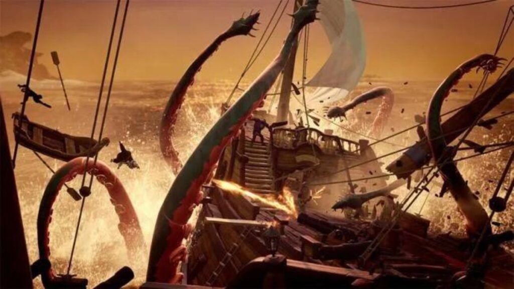 Un navire subissant une attaque du Kraken dans le jeu vidéo Sea of Thieves