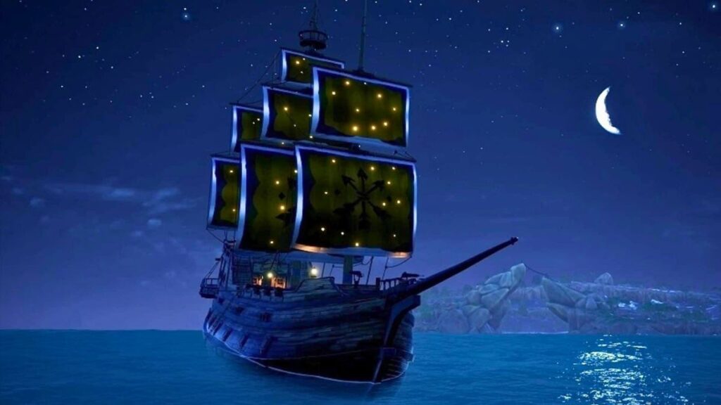 Un navire naviguant de nuit sur une mer calme, éclairé par la lune dans le jeu vidéo Sea of Thieves