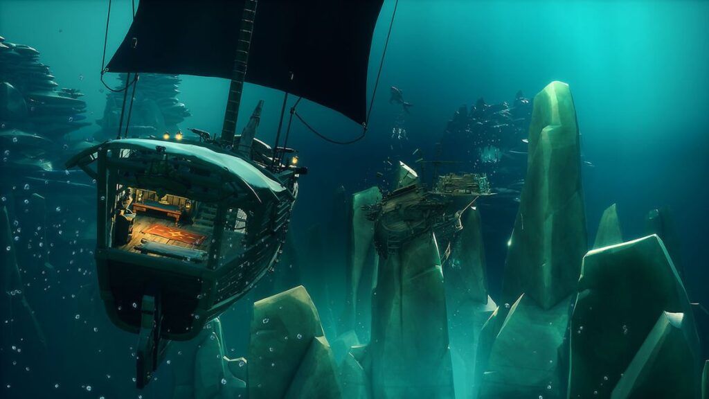 Un navire voguant sous l'eau avec des épaves atour de lui dans le jeu Sea of Thieves