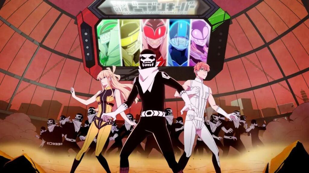 Le Combattant D avec Suzukiri et Hibiki, entourés de monstres dans l'anime No Longer Rangers
