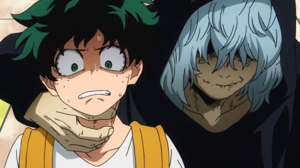 Le vilain Shigaraki, attrappant Deku au cou dans un centre commercial dans l'anime My Hero Academia