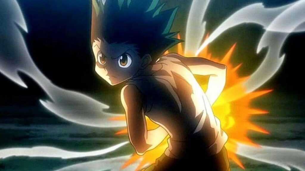 Gon préparant sa technique de la pierre en assemblant son nen dans la nuit dans l'anime Hunter x Hunter