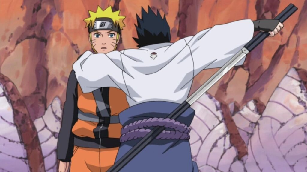 Sasuke sortant son katana pour éliminer Naruto lors de leur retrouvaille dans l'anime Naruto