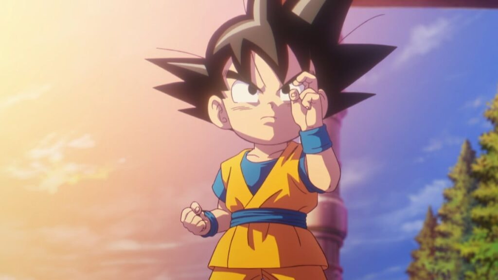 Goku, prenant sa position de combat lors d'un entraînement pour s'habituer à son corps d'enfant, dans l'anime Dragon Ball Daima