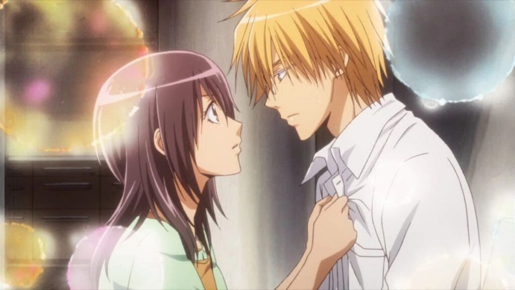 Misaki et Takumi, se tenant prêts à s'embrasser dans l'anime Kaichou wa Maid-sama