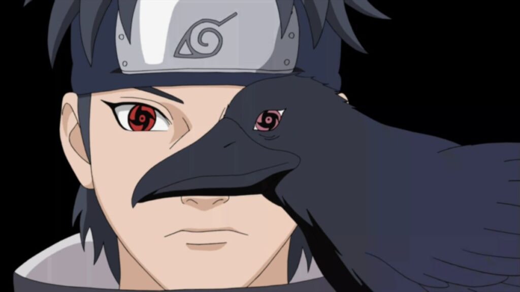 Shisui avec son sharingan dans l'oeil d'un corbeau dans l'anime Naruto