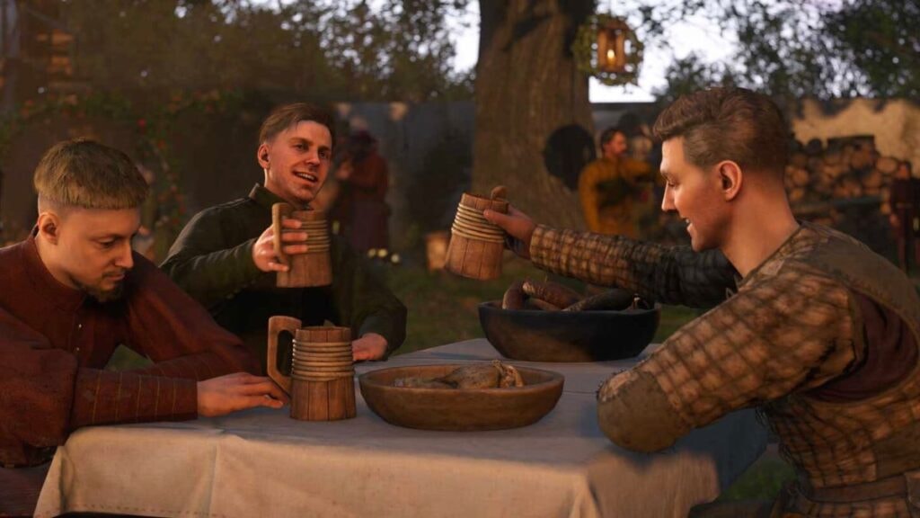 Henry et Hans faisant la fête lors d'un mariage dans le jeu vidéo Kingdom Come Delivrance II