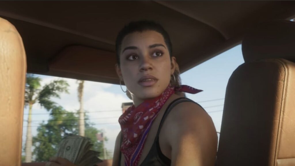 Lucia, fuyant en voiture après un braquage dans le trailer du jeu vidéo GTA VI