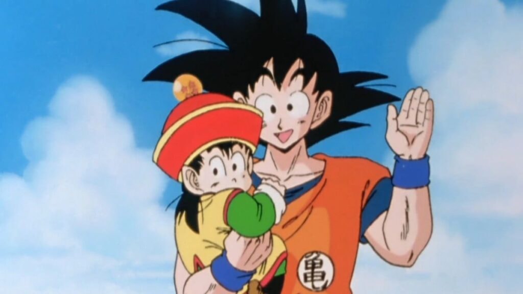 Goku présentant son fils Gohan à ses amis dans l'anime Dragon Ball Z