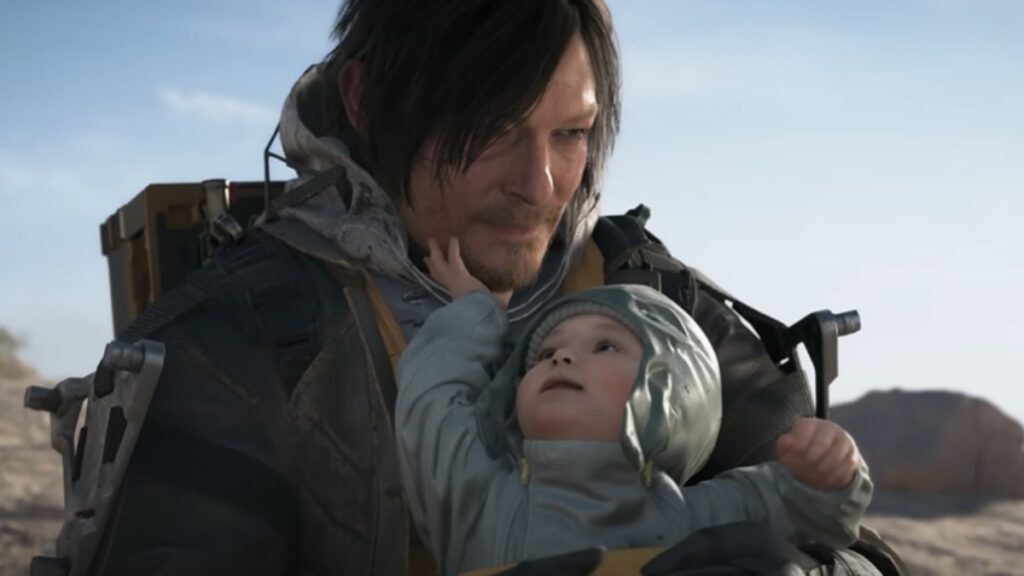 Sam Porter Bridges voyageant avec un bébé dans le trailer du jeu vidéo Death Stranding 2 : On the Beach