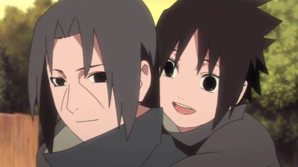 Itachi et Sasuke souriant ensemble sous un coucher du soleil dans l'anime Naruto