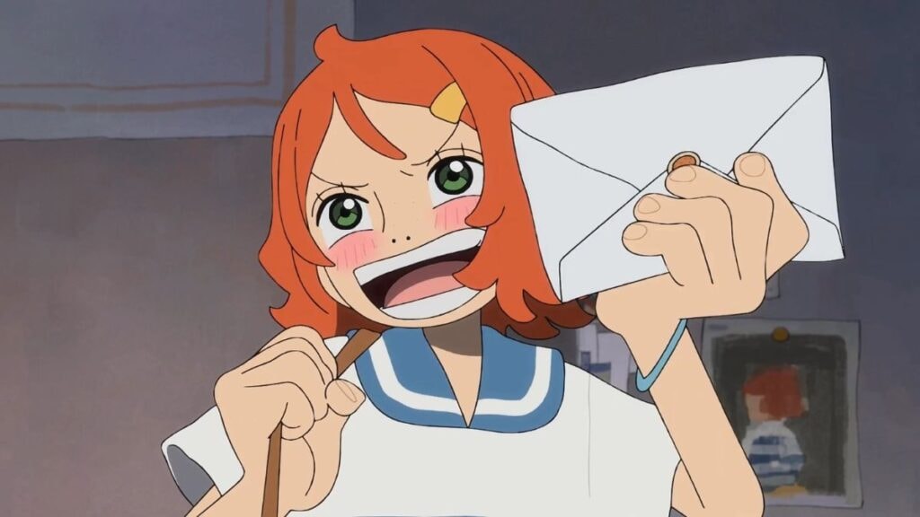 Une fan de Nami souriant en tenant une lettre dans sa main dans l'anime One Piece : Fan Letter