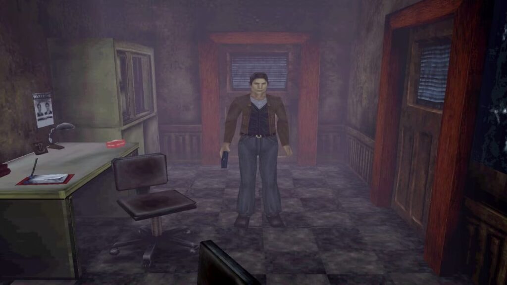 Harry Mason explorant un bureau dans le tout premier jeu vidéo Silent Hill