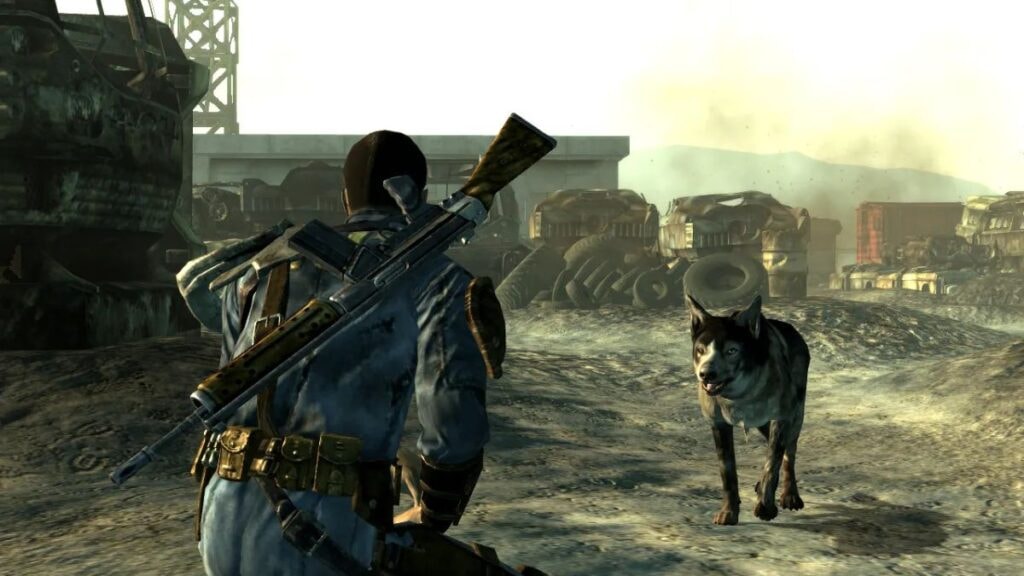 Un joueur rencontrant un chien dans le jeu vidéo Fallout 3